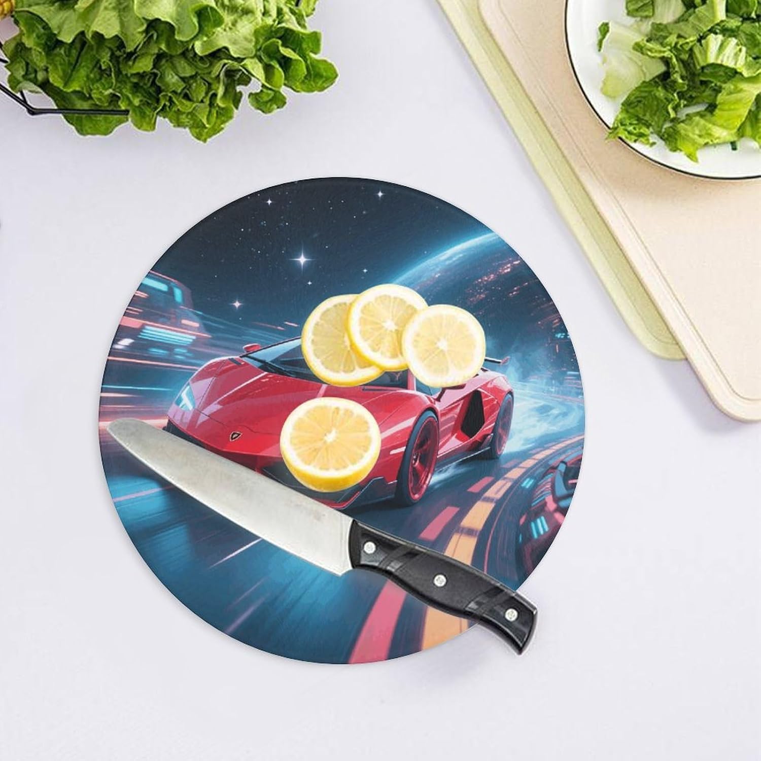 Sports Car in Space Tempered Glass Cutting Board Sturdy Chopping Block Personalized Large Butcher Block Lightweight Round Chopping Mat for Kitchen Non Slip
