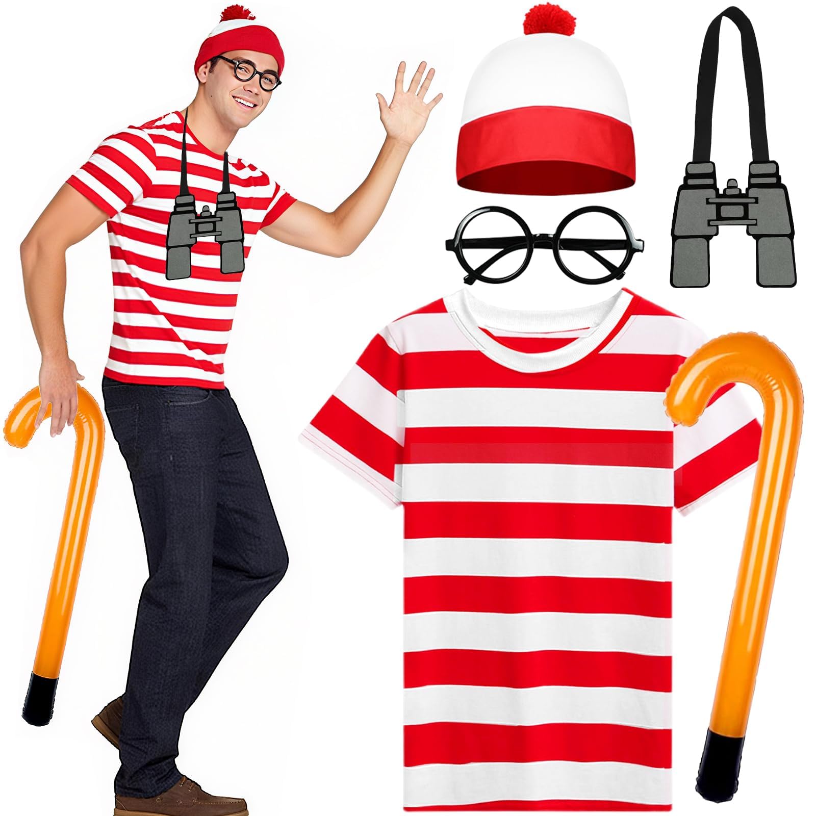 Wynlora 5Pcs Red and White Stripe Costume Set for Adult, Wally Fancy Dress Cosplay Accessories with T-Shirt Beanie Hat Frameless Glasses Crutches for World Book Day Halloween Christmas