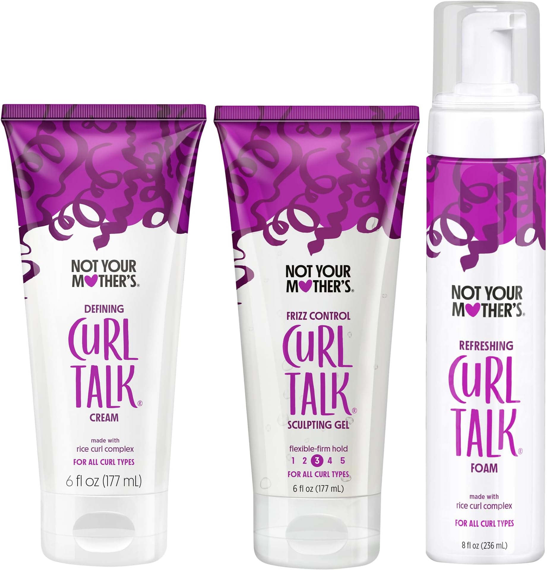 Not Your Mother's Curl Talk Frizz Control Sculpting Gel, Defining Cream, and Refreshing Curl Foam (3-Pack) - 6 and 8 fl oz - Formulated with Rice Curl Complex - For All Curly Hair Types