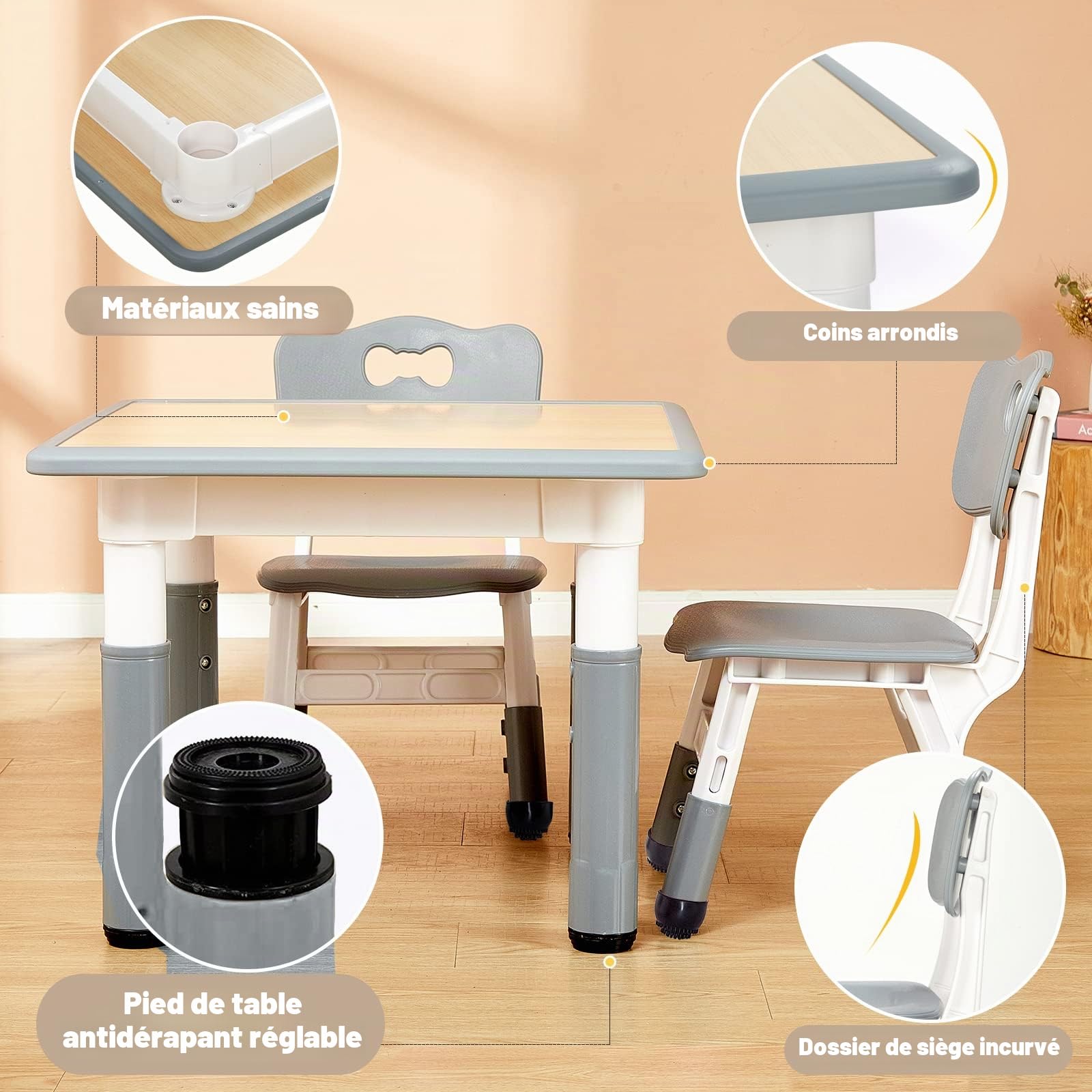 FUNLIO Table pour Enfant avec 2 Chaises, Table et Chaise Réglable en Hauteur pour Les 3 à 8 Ans pour la Maison, Dessin Enfant Facile à Nettoyer, Approuvé CPC et CE (3 Pièces)- Gris