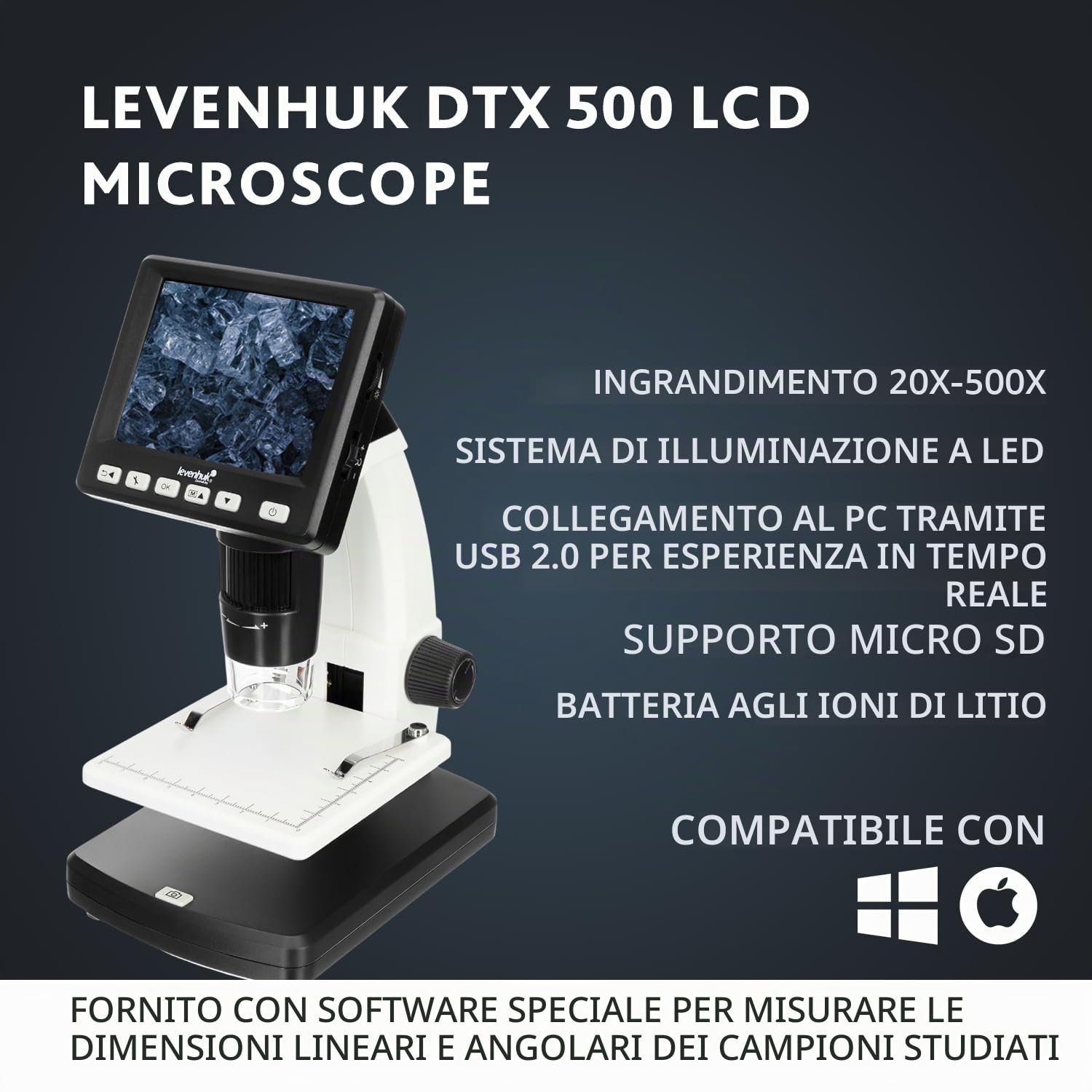 Levenhuk DTX 500 LCD – Microscopio Digitale Portatile con Display 3.5”, Zoom 20x–500x, Fotocamera/Video, 8 LED, Compatibile PC/Windows/MacOS, per Adulti e Bambini.