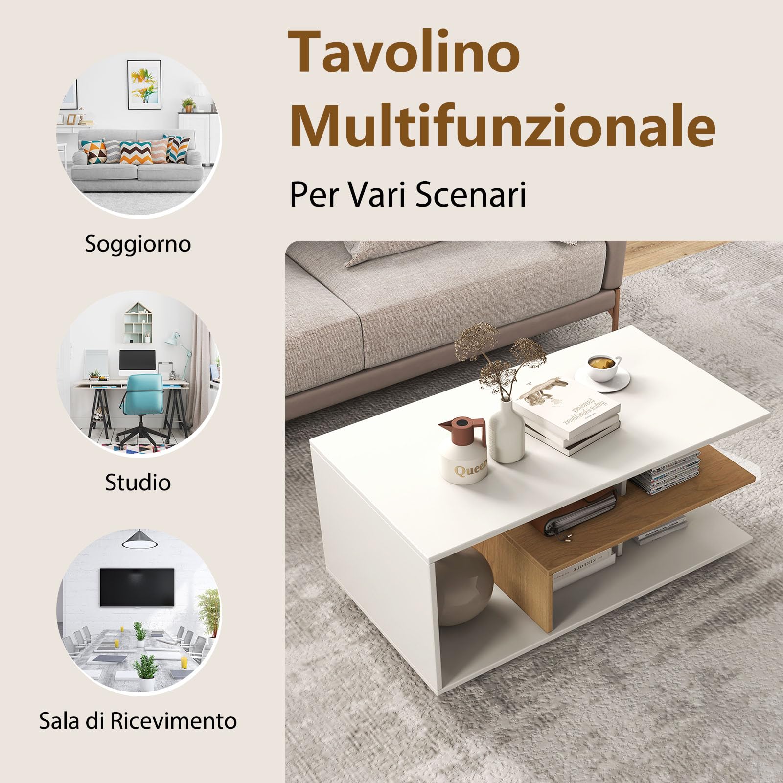 RELAX4LIFE Tavolino da Caffè Geometrico, Tavolino Rettangolare a 3 Livelli, Tavolino Centrale Moderno in Legno per Soggiorno, Sala di Ricevimento (BIANCO)
