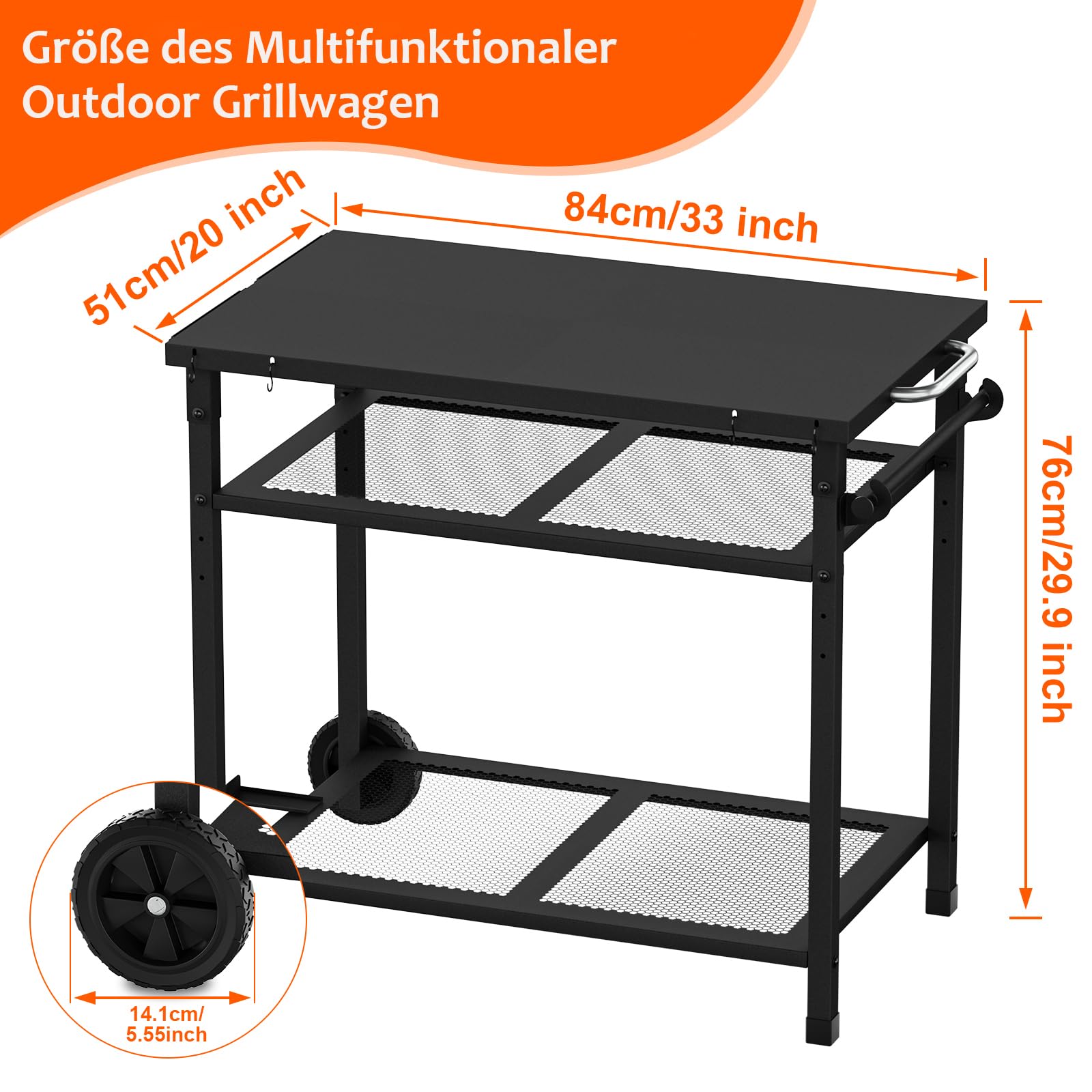 Carrito de barbacoa multifuncional, 3 niveles, carrito de cocina con soporte para toallas de papel y ganchos, mesa auxiliar para exteriores (negro)