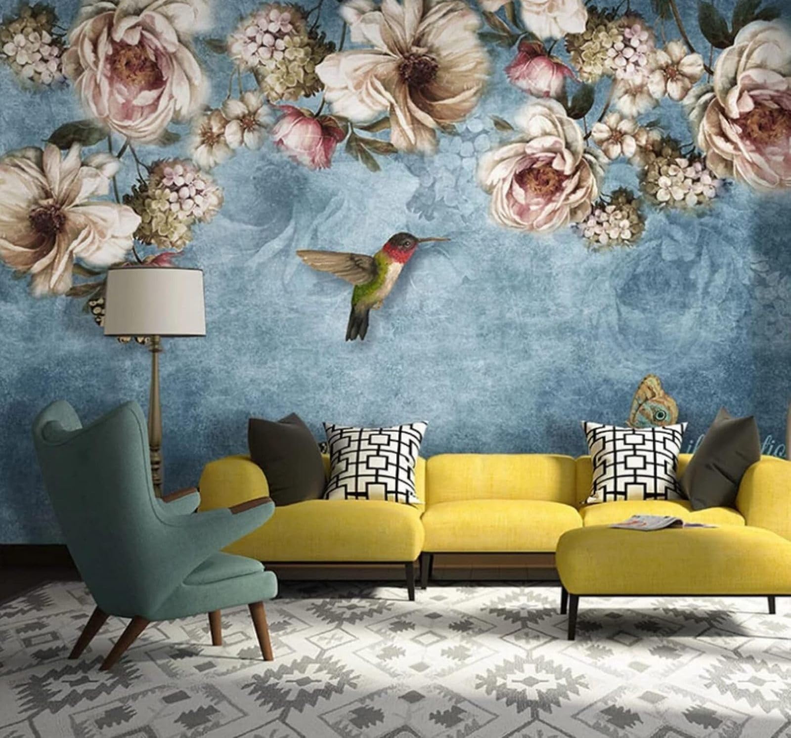 Retro Hand Drawn Flowers Birds Butterflies 3D Wallpaper Easy Install Feature Office Living Room Sofa Bedroom TV Background Wall Decoration-300cm×210cm