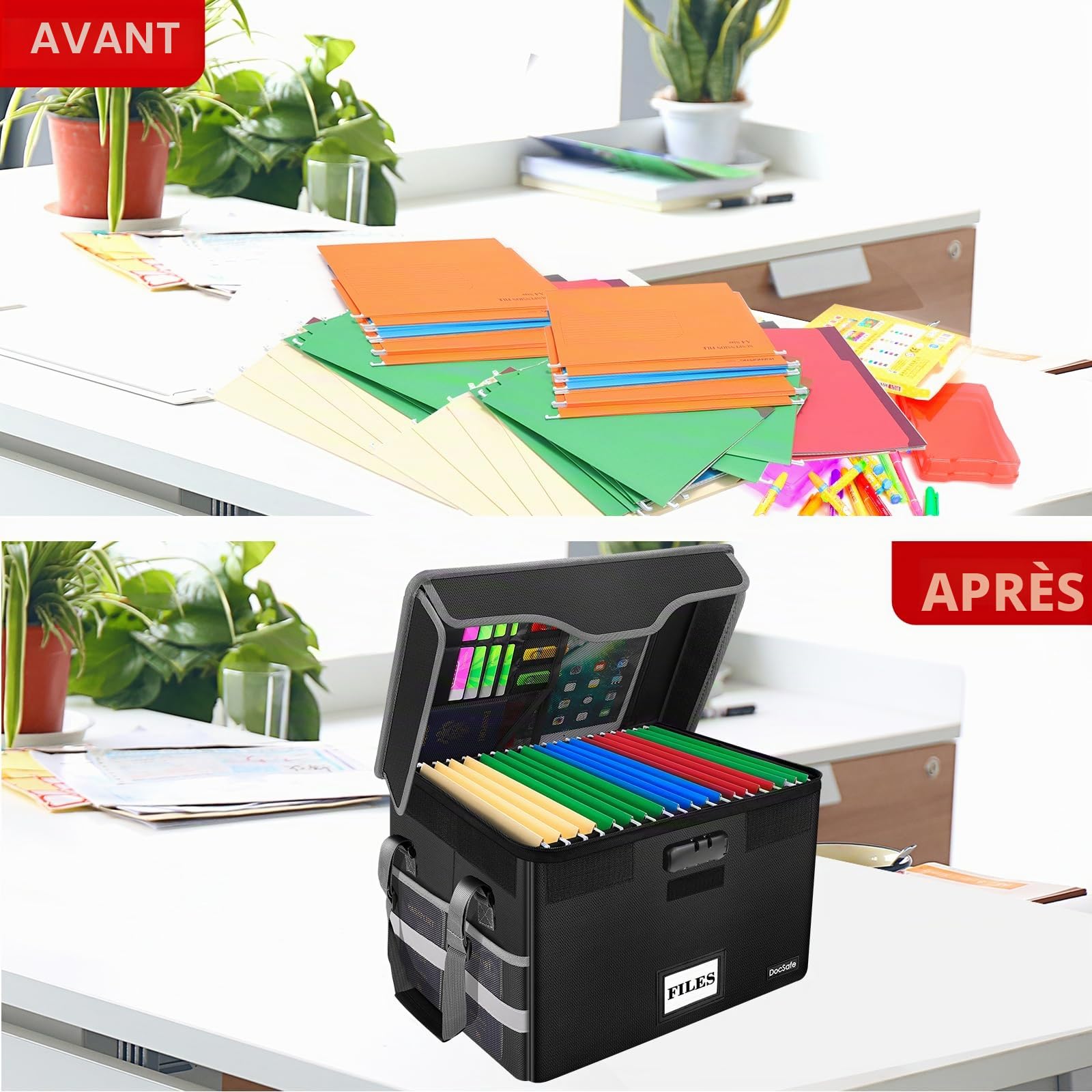 DocSafe Boîte de classement ignifuge avec serrure, boîte de rangement de fichiers avec poches en maille, boîte de classement portable pliable avec poignée pour accrocher des lettres/dossiers