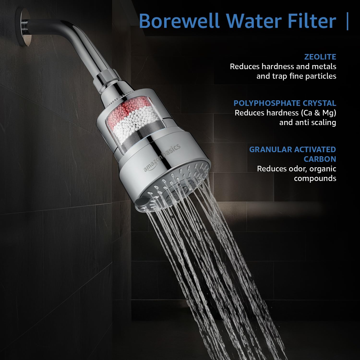 Amazon Basics Filtered Shower Head with 5 Spray Modes | Water Softener | ABS Material | Chrome Finish | 10.3Lx 9.6W x 16.2H cm 3
