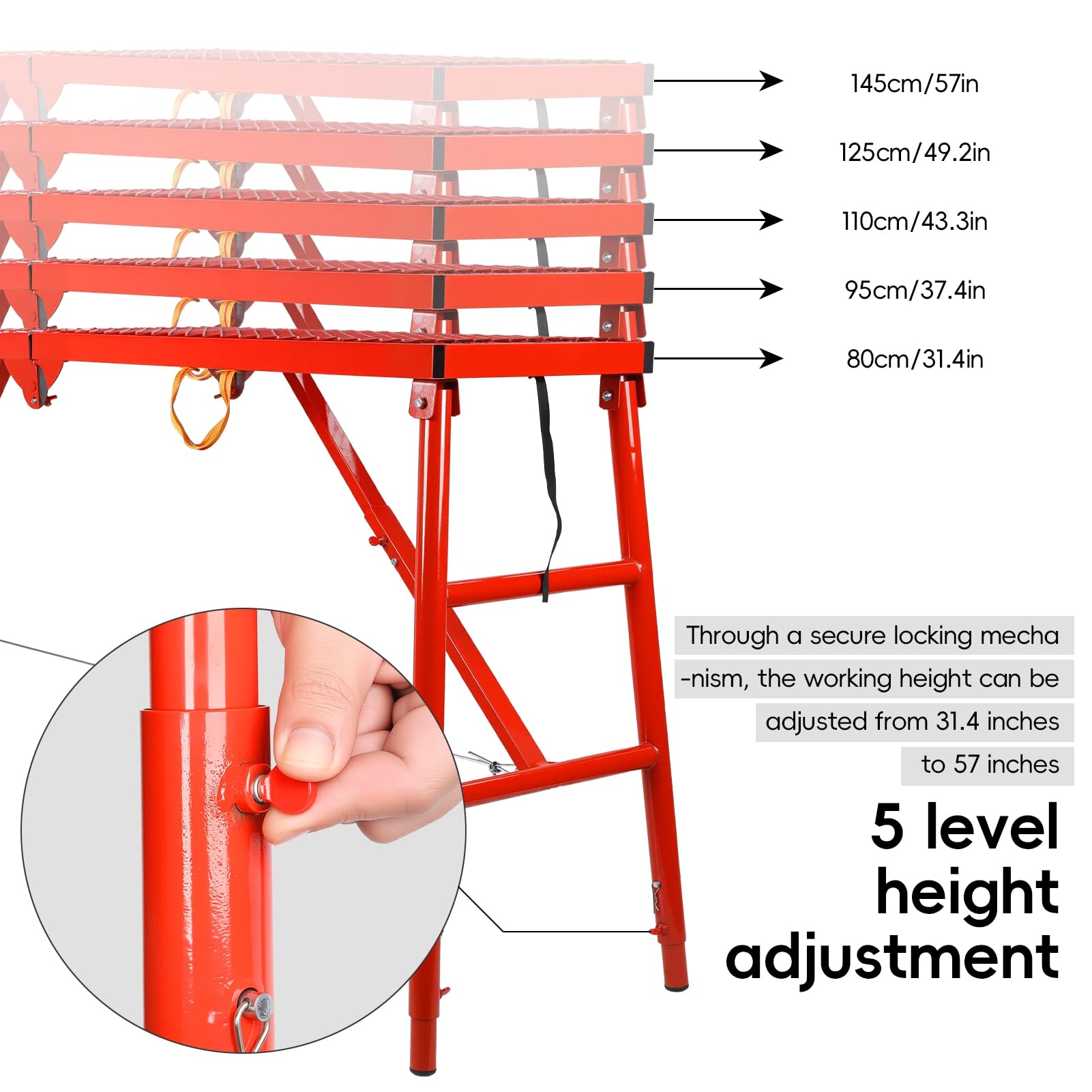 Plateforme de Travail Réglable & Pliable – Échafaudage Acier 450kg Marche Pied Large Fonction Établi, Tréteau Table Pliante, Alternative Stable aux Échasses Plaquiste, Step Échelle Rouge