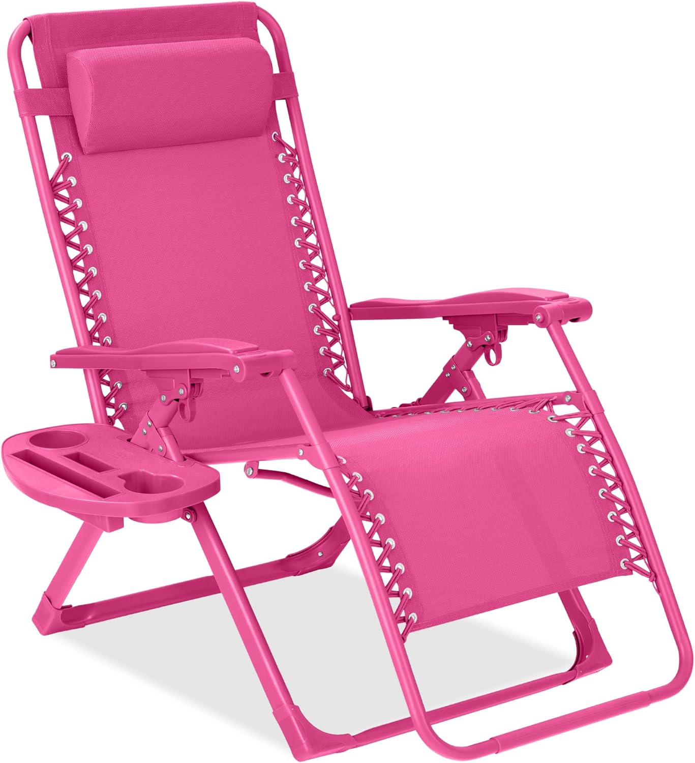 Best Choice Products Adjustable Zero Gravity Chair, Monochromatic Color Folding Patio Recliner w/Side Tray, Headrest - Ultimate Pink