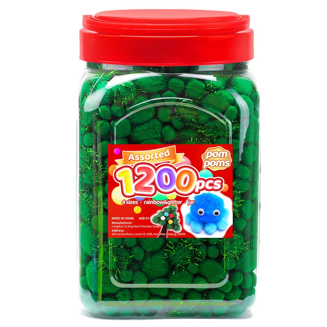 Iooleem Green Pom Poms, 1200pcs Assorted Size Pompoms, Pom Poms for Arts and Crafts, Pom Pom Balls with Wiggle Eyes in jar, Glitter Pom Poms, Craft Supplies.