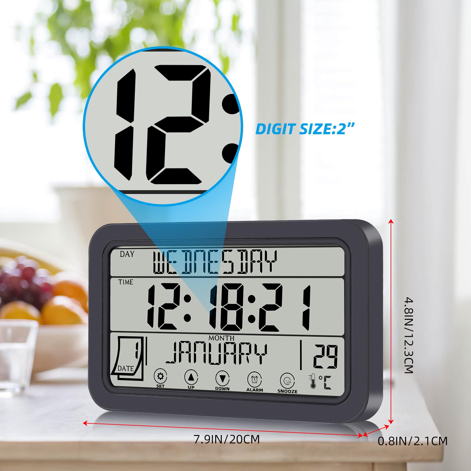 Fuloon Orologio Digitale Calendario Wireless, Grandi Cifre Orologio da Parete con Sveglia e Termometro per Anziani, Orologio Touch Screen Multilingue