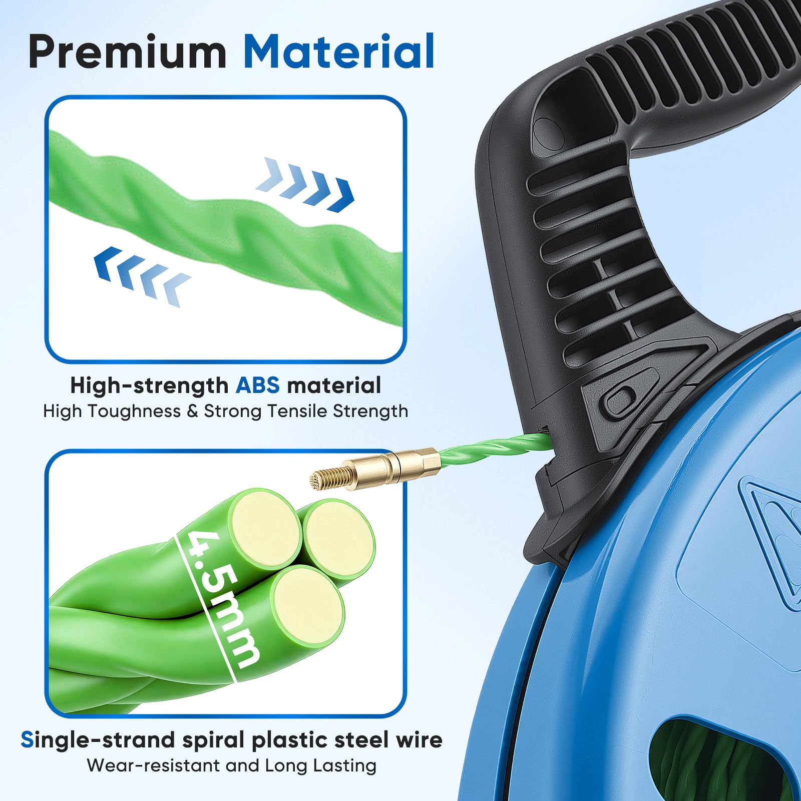 Sonda Passacavi 30m 4,5mm Sonda Passacavi Professionale con 7 Adattatori, Cavo Alimentazione per Tubo Vuoto, Elettrico e Fibra, Elettricista Estrattore Cavi - Blu
