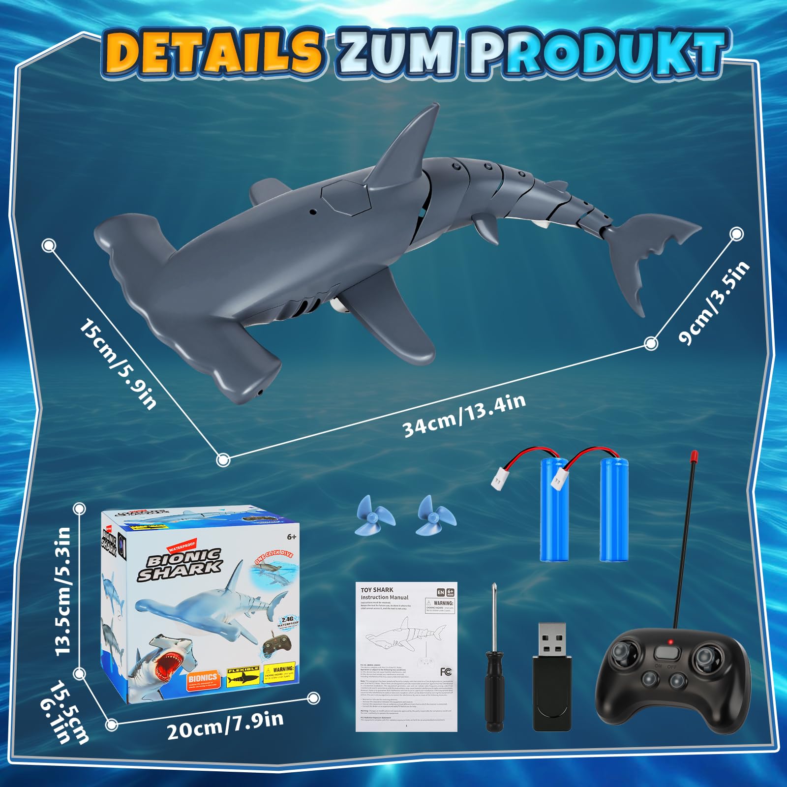Ferngesteuerter Hai mit Tauchfunktion, 2.4GHz RC Hai mit LED-Licht, Unterwasser-Hai Spielzeug für Pool & Badewanne, Geschenk für Kinder ab 6 Jahren Jungen & Mädchen (Grau)