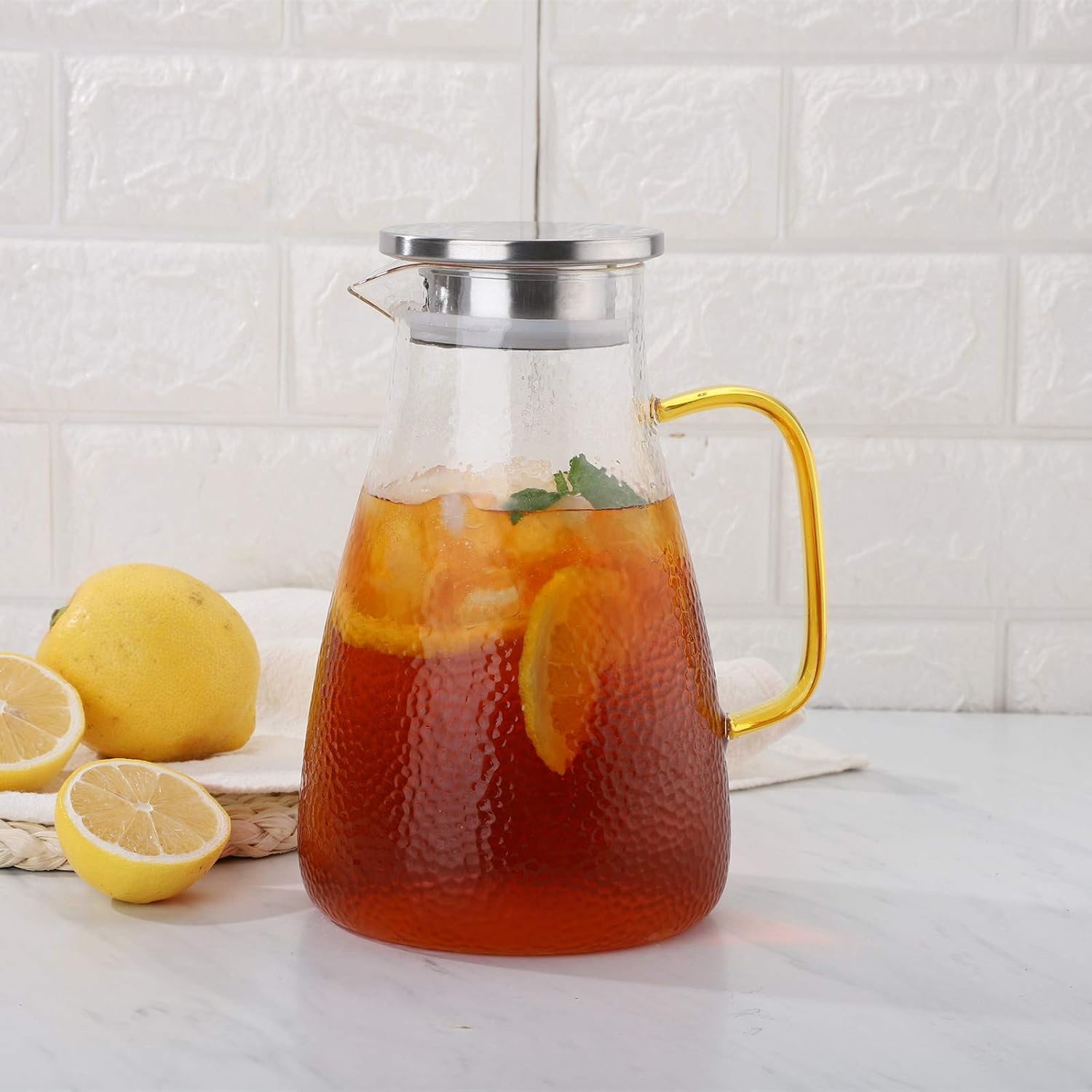 Pitcher with Lid, ONEISALL Stylish Snow Pattern Beverage Pitcher for Homemade Juice/Iced Tea, Drip-Free Spout Water Jar Large Capacity - 67 Ounce/2 Liter