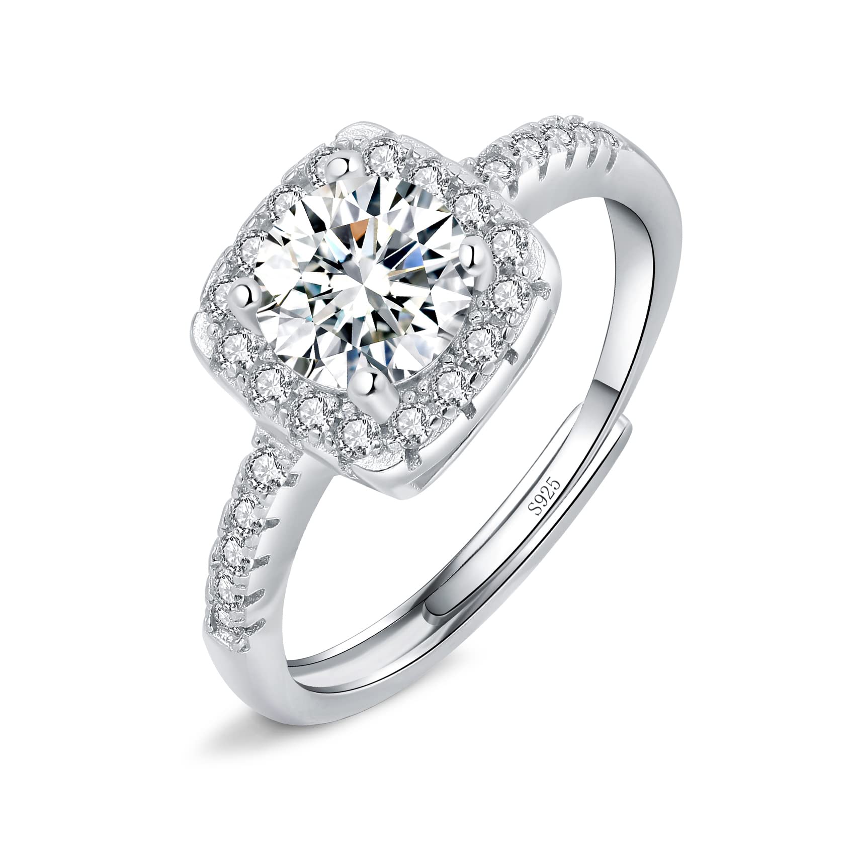 JosfevaSilver Rings for Women Ladies, 925 Sterling Silver Love Promise Diamond Ring for Couples, Adjustable Romantic Wedding Engagement Square/Round/Heart Rings in 3 Colors (Silver/Rose Gold/Gold)