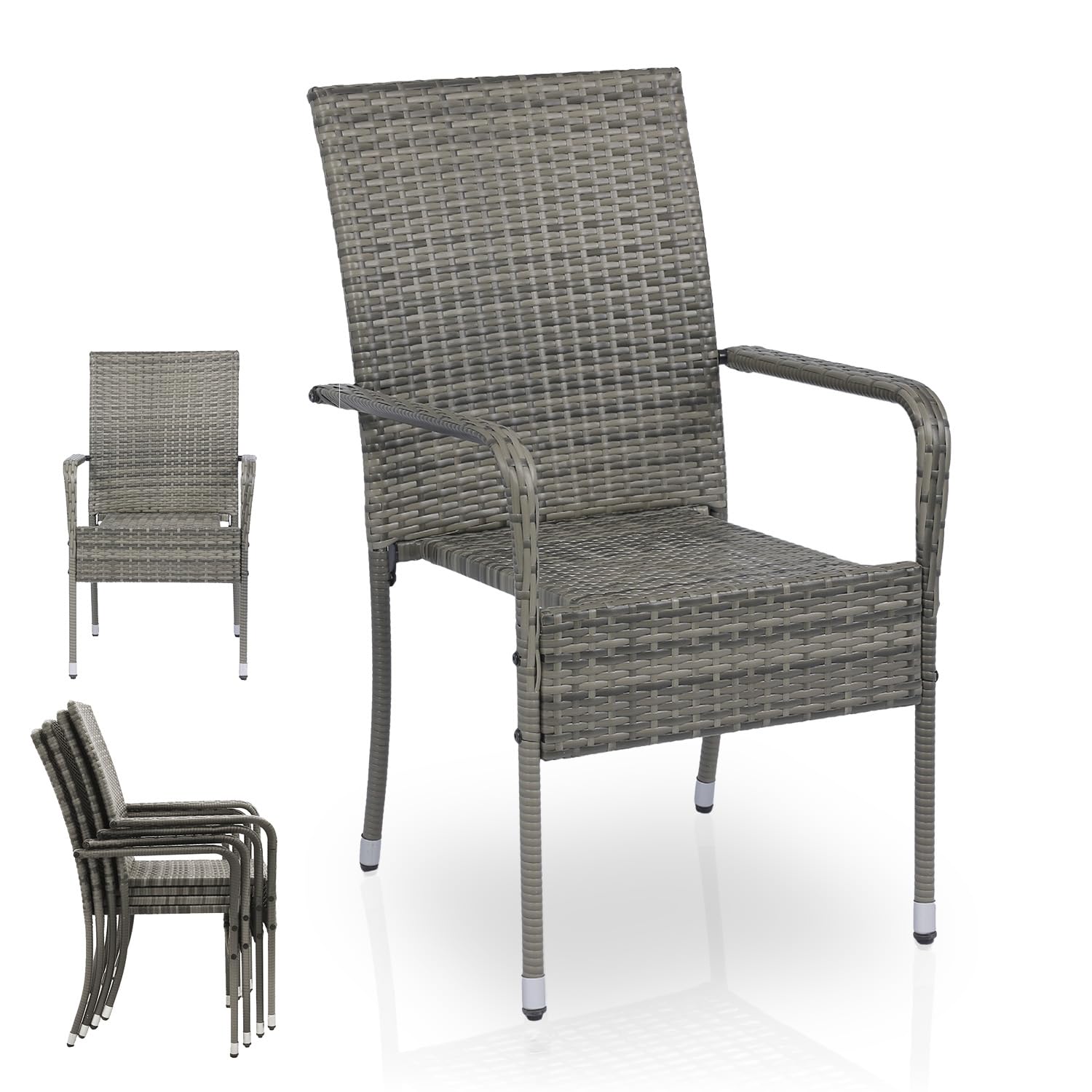 Juskys Polyrattan Gartenstühle Yoro 4er-Set mit Armlehnen & Rücklehne, stapelbar, grau-meliert