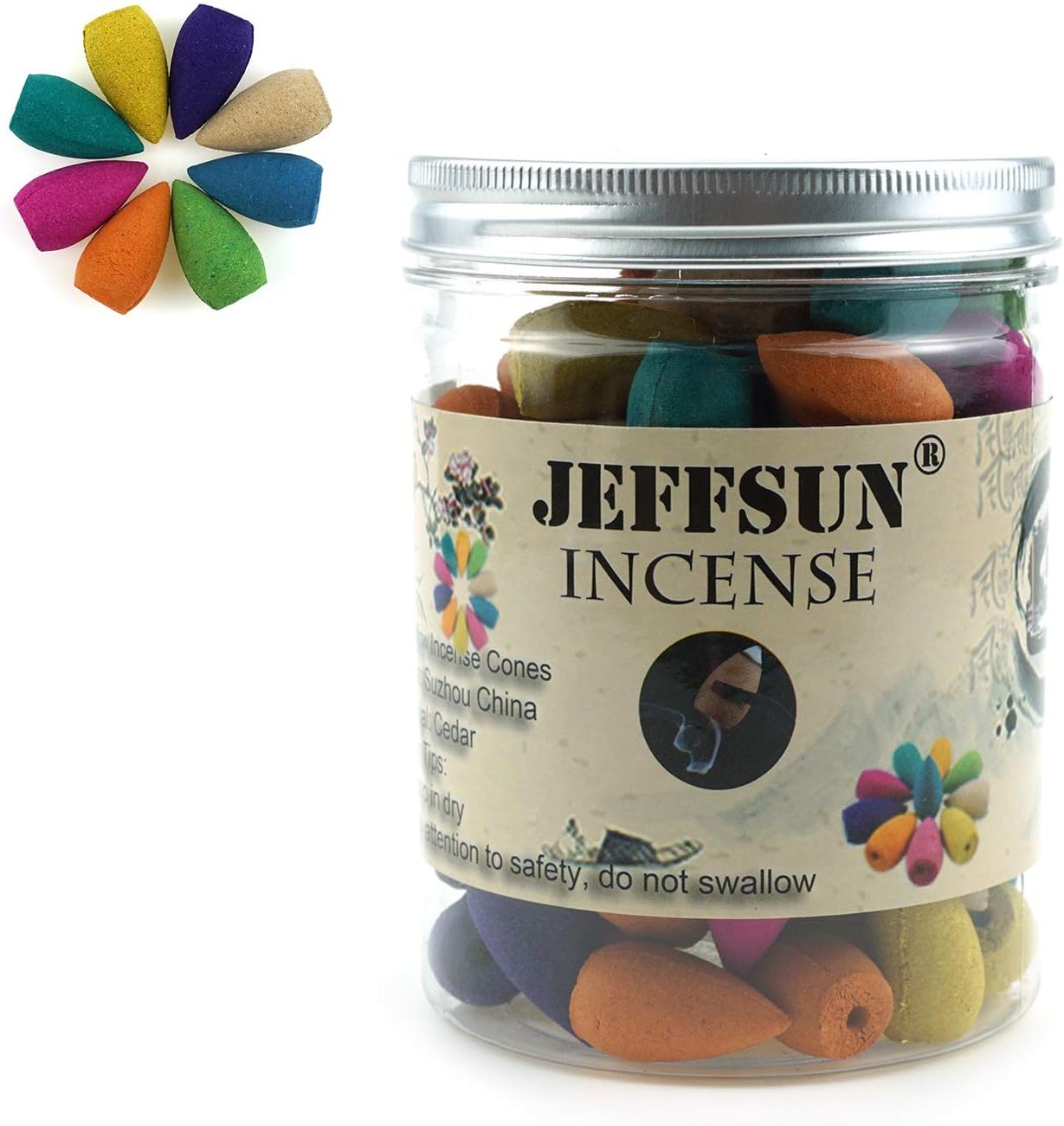 JEFFSUN 100 Pcs Backflow Incense Cones 8 Mixed Natural Scents Rose Ocean Osmanthus Sandalwood Rosemary Jasmine Green Tea Lavender Backflow Cones Waterfall Used for Backflow Incense Burner Holder