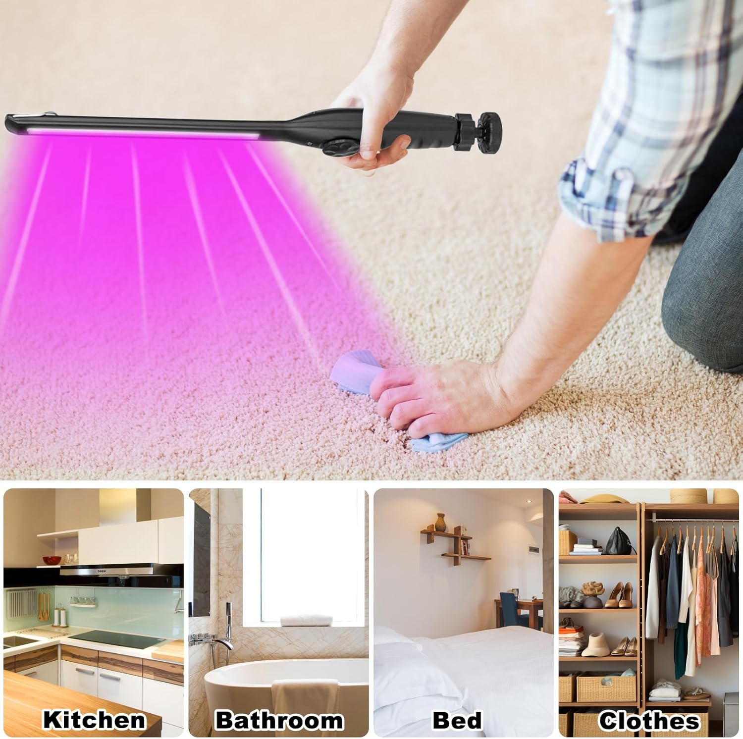 UV Light Sanitizer Wand – Portable Ozone-Free Ultraviolet Disinfection Lamp, USB Rechargeable, Kills 99.9% of Germs & Bacteria, Family & Pet Safe. for Home, Travel, Hotel, Car & Pet Areas