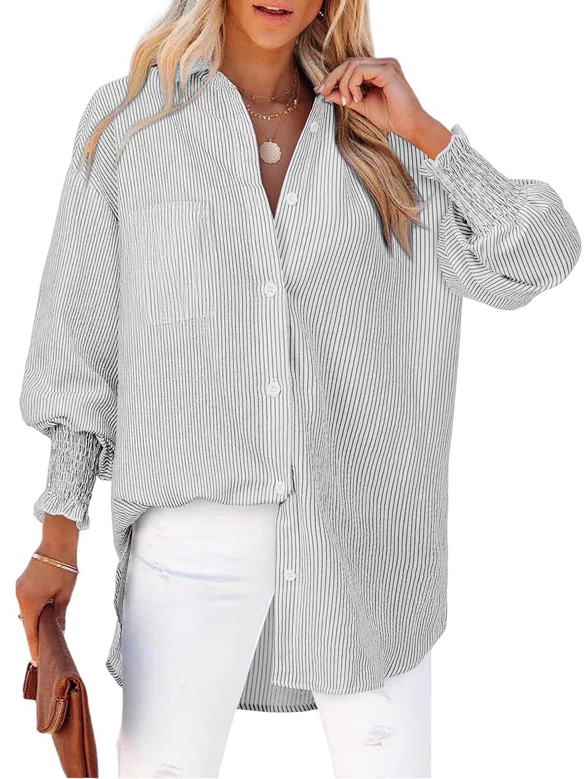 Cuptacc Bluse Damen Elegant V Ausschnitt Langarm Knöpfen Blusen Damen Gestreifte Brusttasche Oberteile