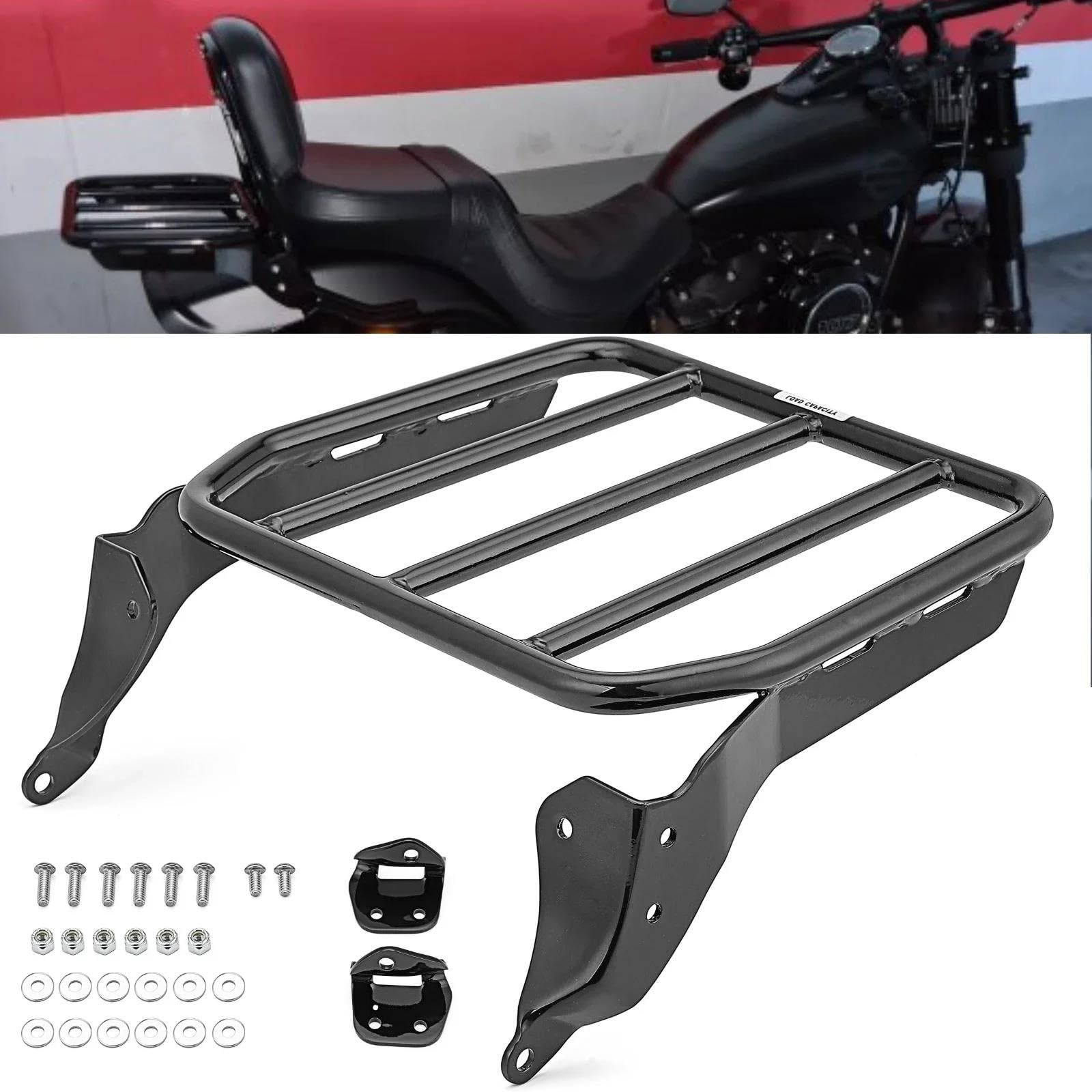 Porte-bagages si&egrave;ge solo dossier moto sissy bar pour custom Harley Softail FLSB FXFB FXLR
