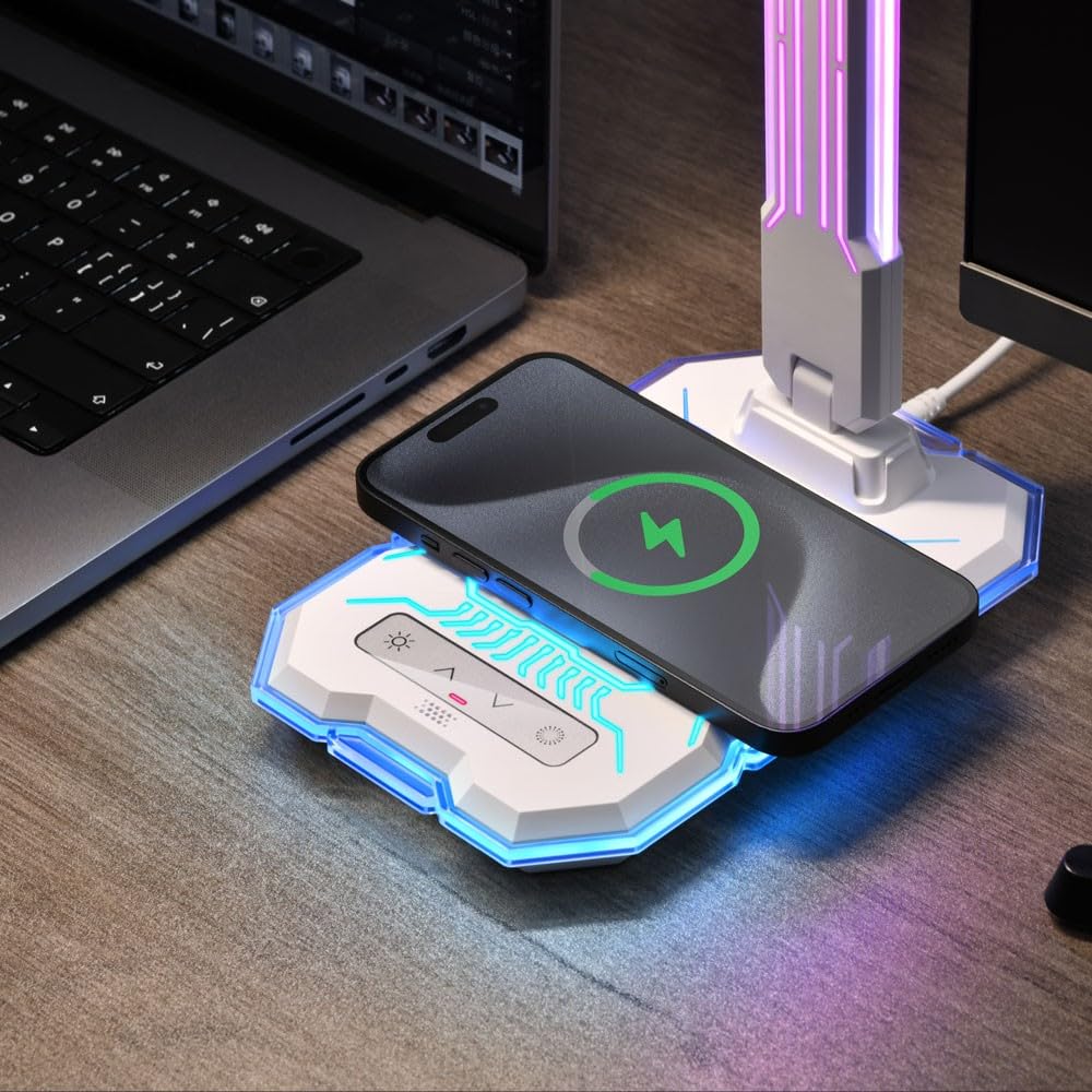 wonderlamp - Flexo LevelUp Gamer con luces de colores RGB LED y Cargador inalámbrico para móviles Levelup 10W 3000-4000-6000K