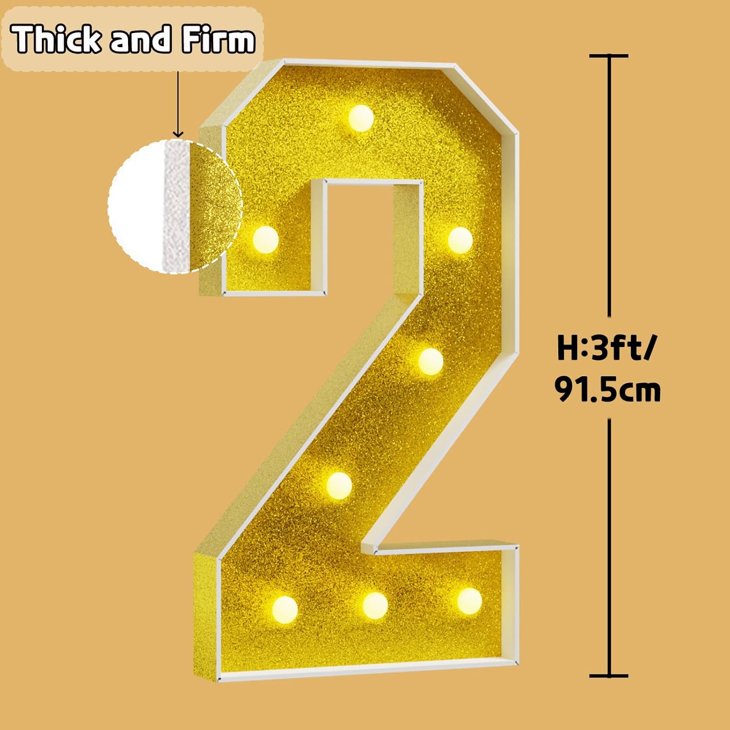 imprsv Marquee Numbers Gold 3FT: Golden Party Decor - Light Up Number 2 Large 3 Feet Tall - Birthday Decorations for Him Her 2rd 20th 21st