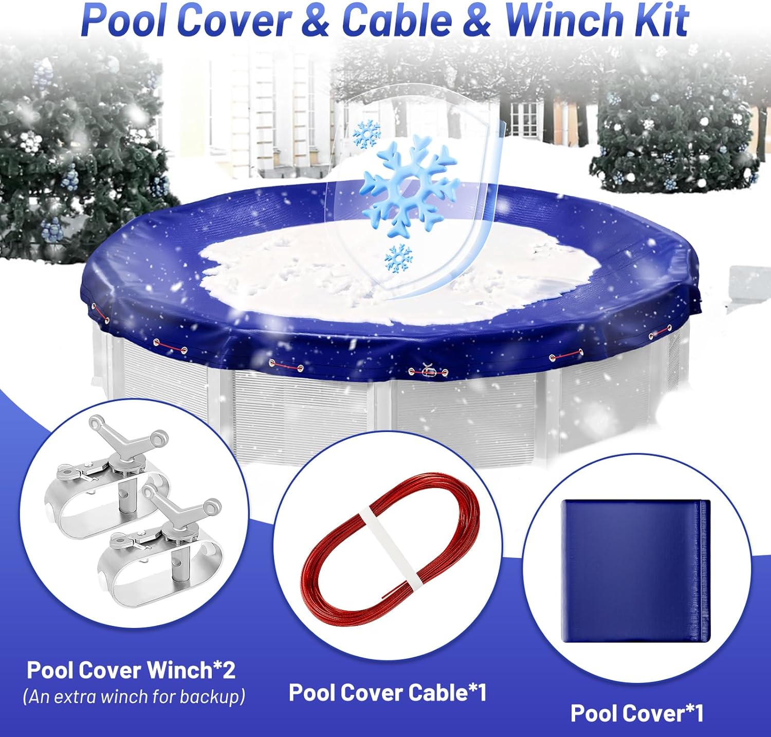 Winter Pool Cover for Above Ground Pools, 18FT Round Pool Cover Pool Protection with Winch and Cable, Extra Thick PE Pool Cover Durability and UV Protected, Royal Blue