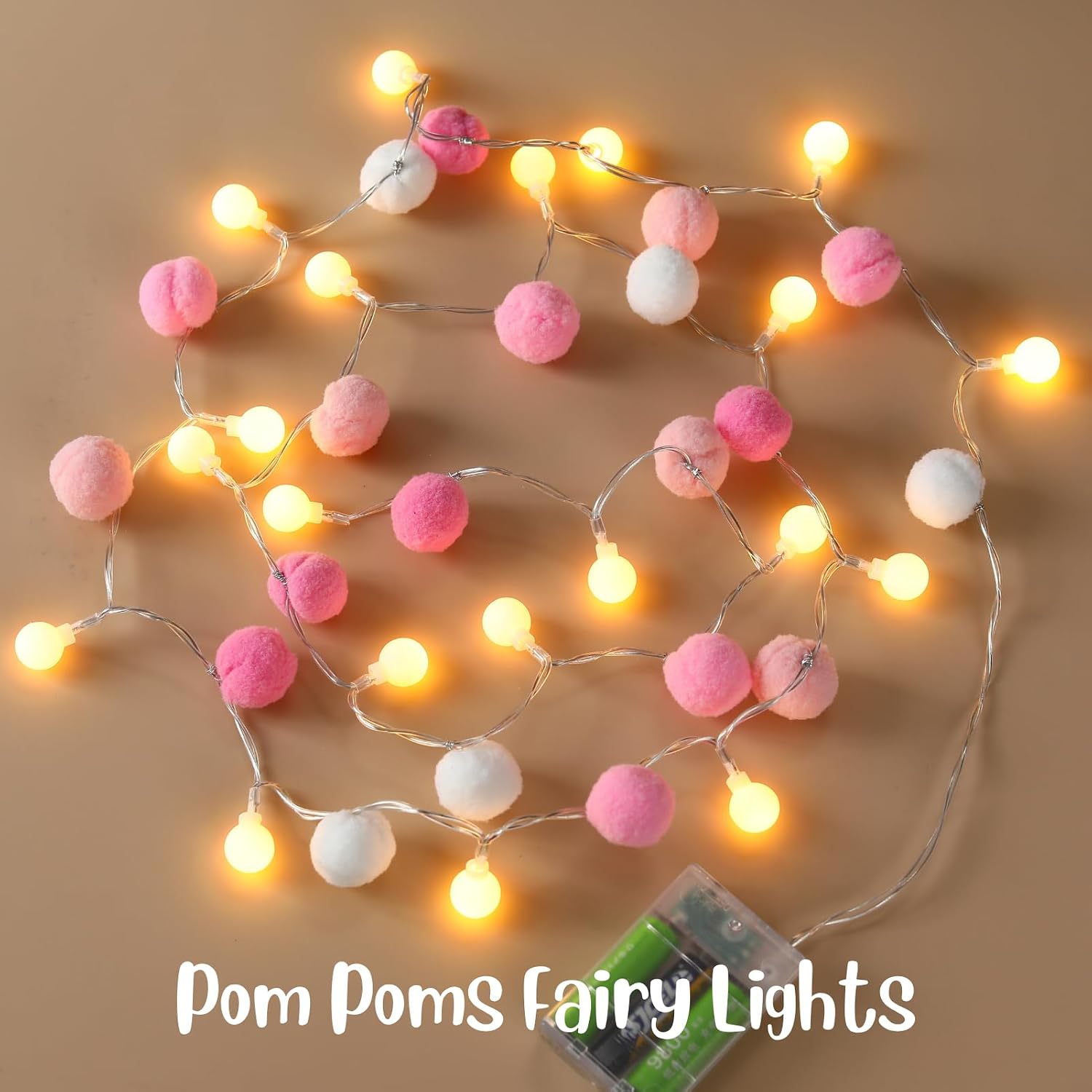 6.56FT Pom Poms Fairy Lights - 20 LED Battery Operated String Lights with Warm White Globe Balls - Cute Indoor Decor for Bedroom Kids Room Playhouse Graduation Birthday Baby Shower - Pink image 4