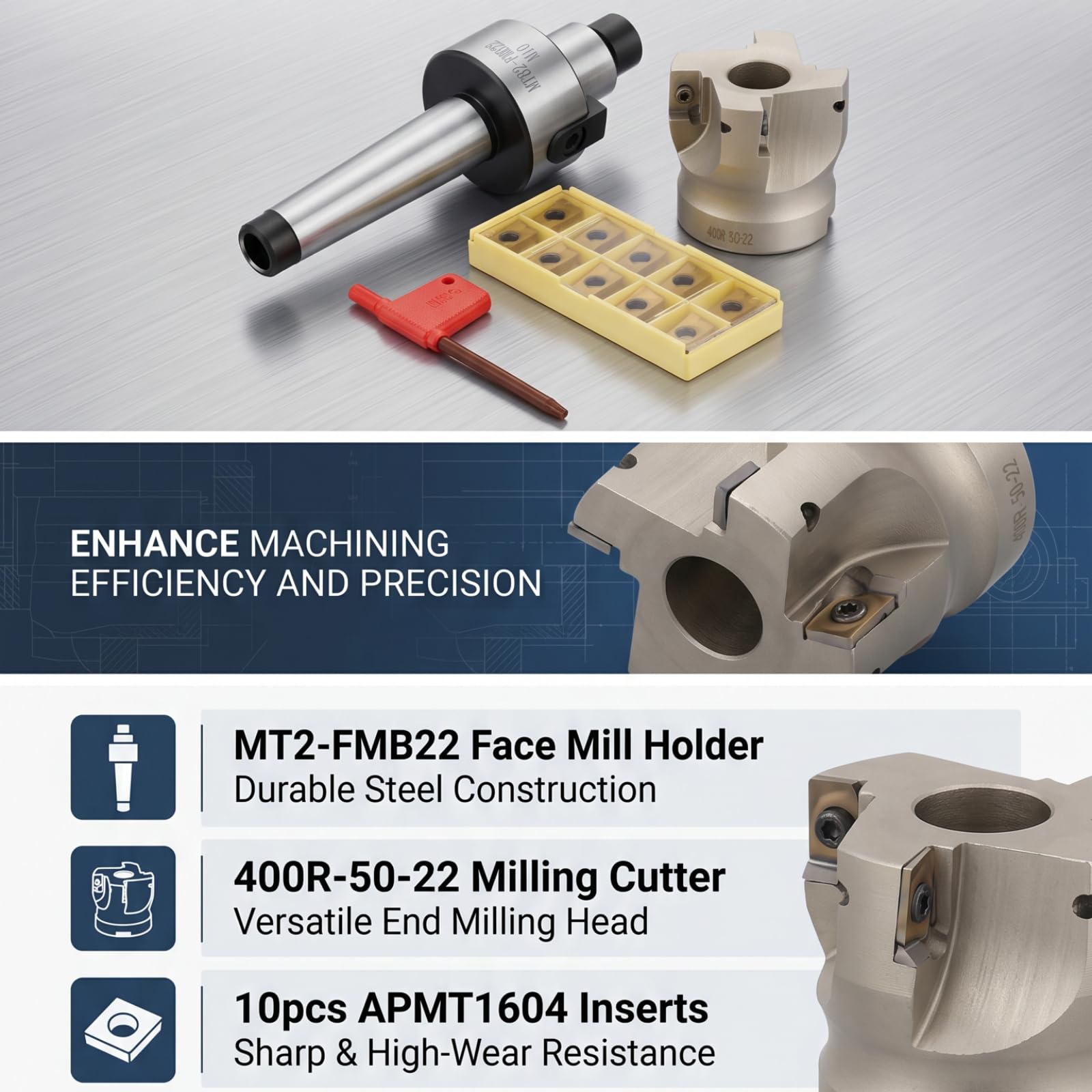 Fraise en bout à mousse CNC, Kit de Coupe de Fraisage CNC, Porte-fraise frontale MT2-FMB22, fraise frontale pour tour CNC 400R-50-22 et 10 pièces de plaquettes en carbure APMT1604