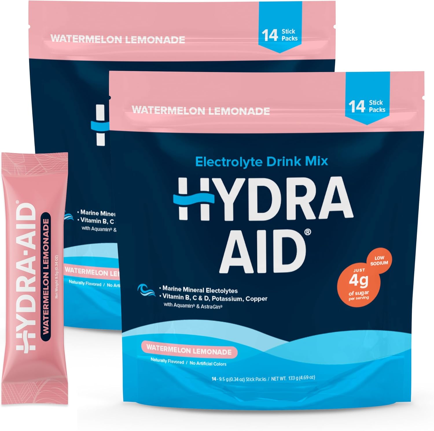 Low Sodium Electrolyte Powder Packets - Marine-Mineral Hydration Mix with Vitamins B, C, D | No Salty Aftertaste | Pack of 2 | 28 Lemonade Watermelon Sticks | Vegan, Non-GMO, Gluten Free