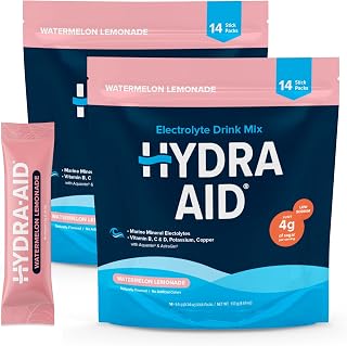 Low Sodium Electrolyte Powder Packets - Marine-Mineral Hydration Mix with Vitamins B, C, D | No Salty Aftertaste | Pack of 2 | 28 Lemonade Watermelon Sticks | Vegan, Non-GMO, Gluten Free