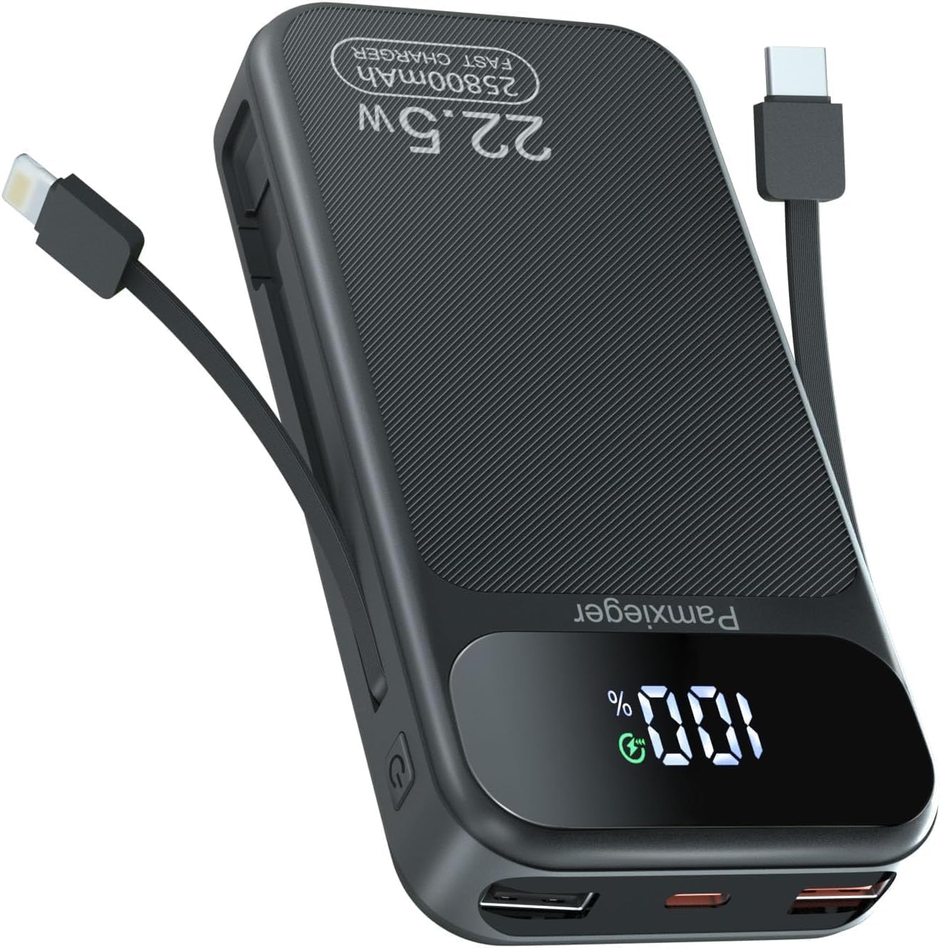Power Bank 25800mAh Fast Charging Built-in 2 cables, 22.5W Portable Charger, Portable USB C Power bank Battery Pack with LCD Display Powerbank for Smartphones Tablets and More