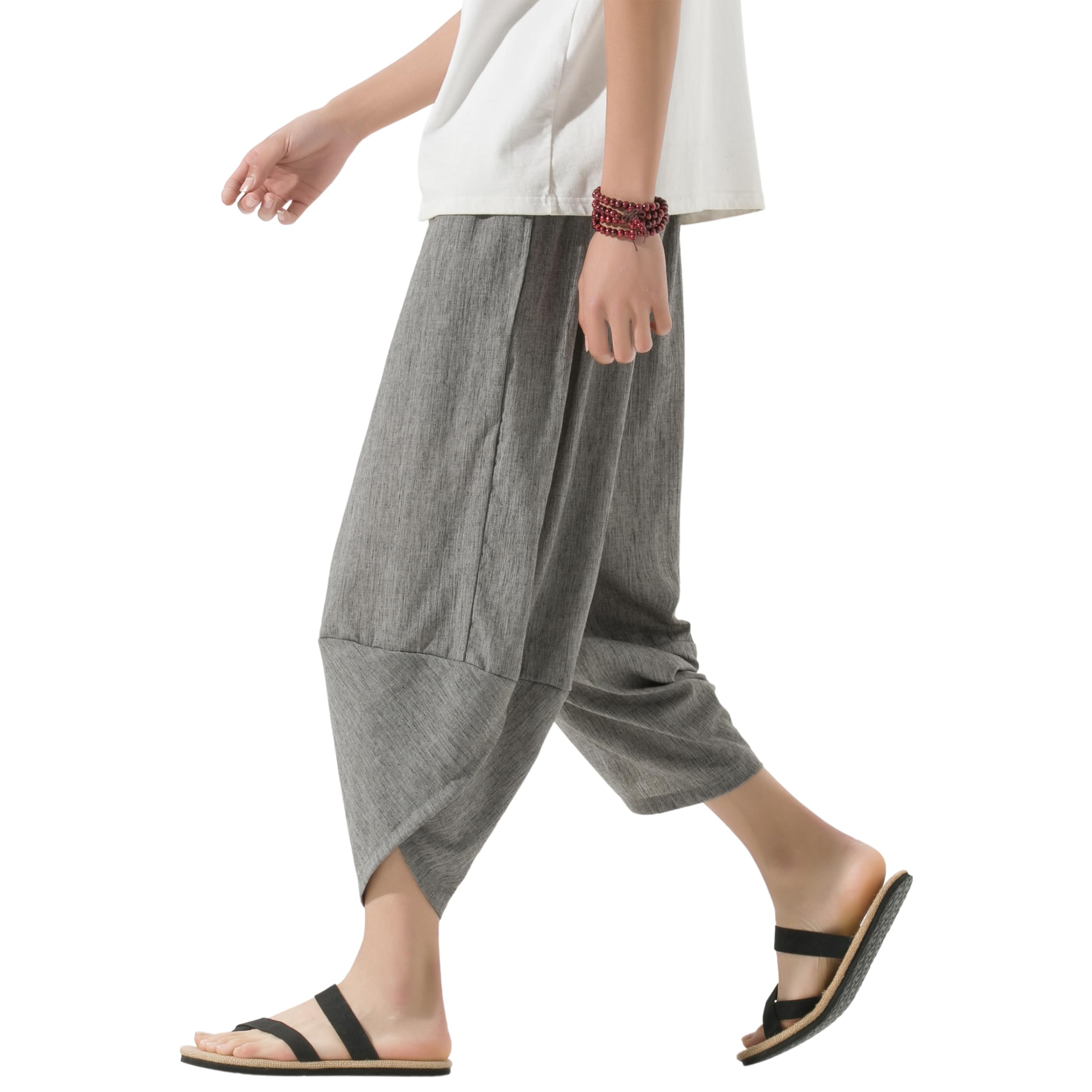 PRIJOUHE Men's Harem Capri Pants With Wide Leg Capris, Summer Linen Pants, Z-grey, Medium