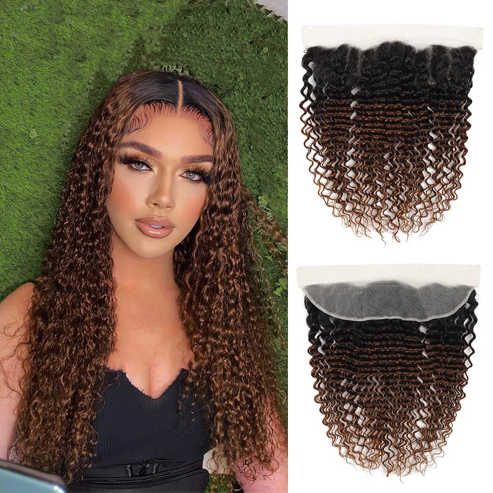 Unprocessed Brazilian Virgin Human Hair #1b/30 Lace Frontal Pre Plucked with Baby Hair (16inch) - Deep Wave Ombre, Ear to Ear Transparent Lace Frontal Closure, 13x4