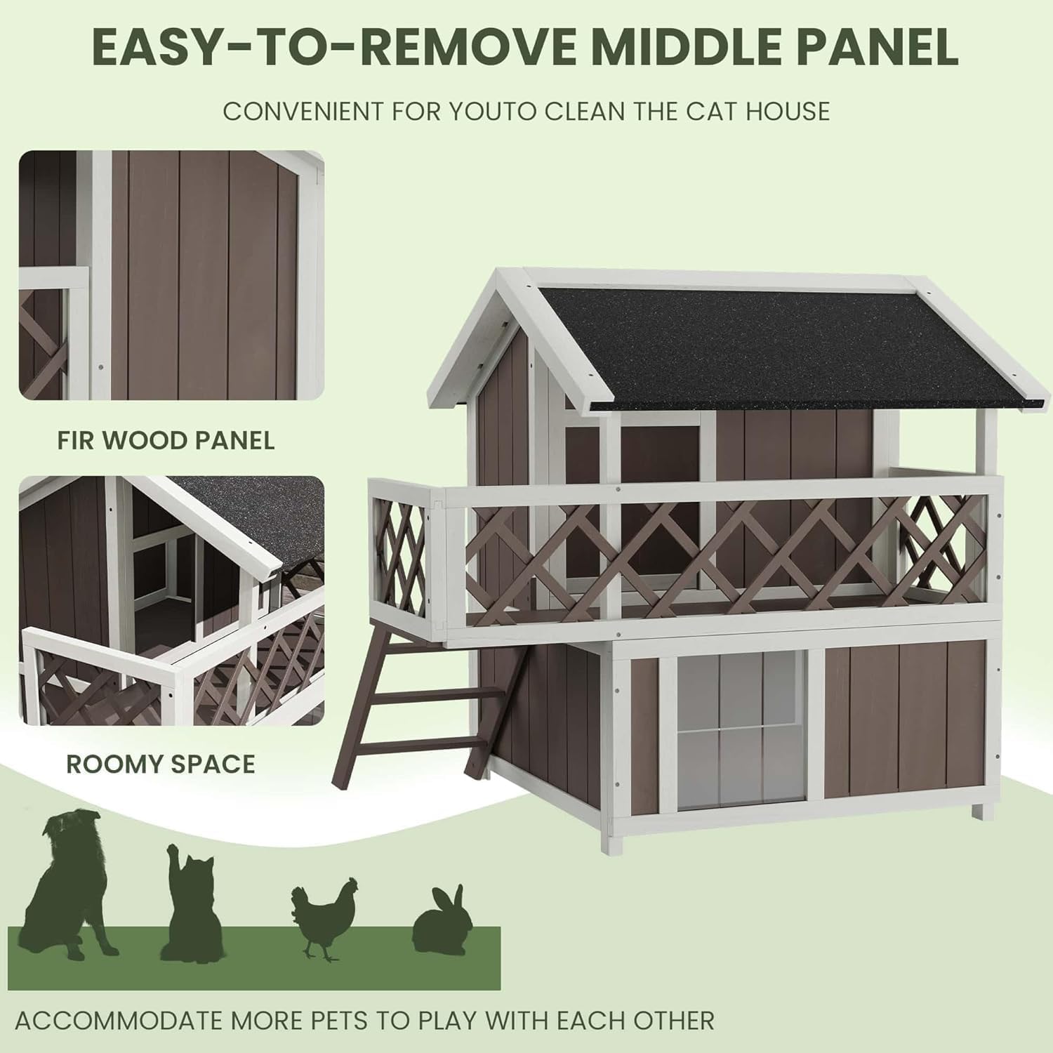 2-Story Outdoor/Indoor Cat House, Weatherproof with Balcony and Shade, Side Steps, Railings & Raised Floor, Outdoor Shelter for Cats and Small Dogs, Gray/White Wood