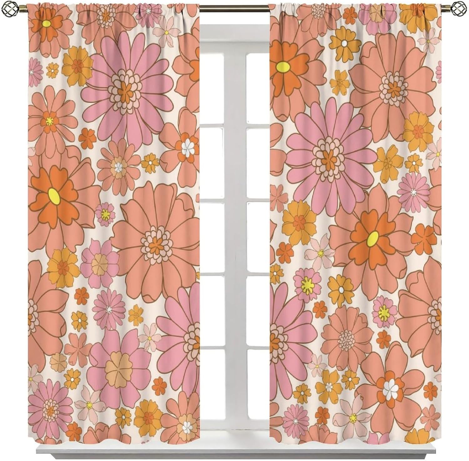 Funky 70s Floral Blackout Curtains, Retro Vintage 70S Hippie Groovy Boho Floral Flower Trippy Modern Aesthetric Window Curtains Treatments for Kitchen Bedroom Living Room Home 42x45 Inch