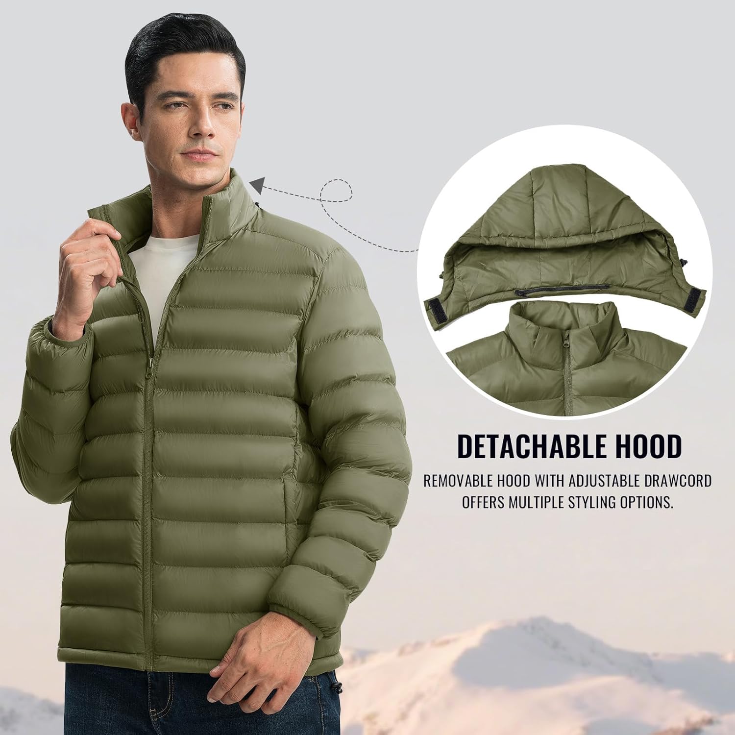 Rdruko Men’s Puffer Jacket with Detachable Hood Lightweight Water Resistant Insulated Winter Puffy Coat