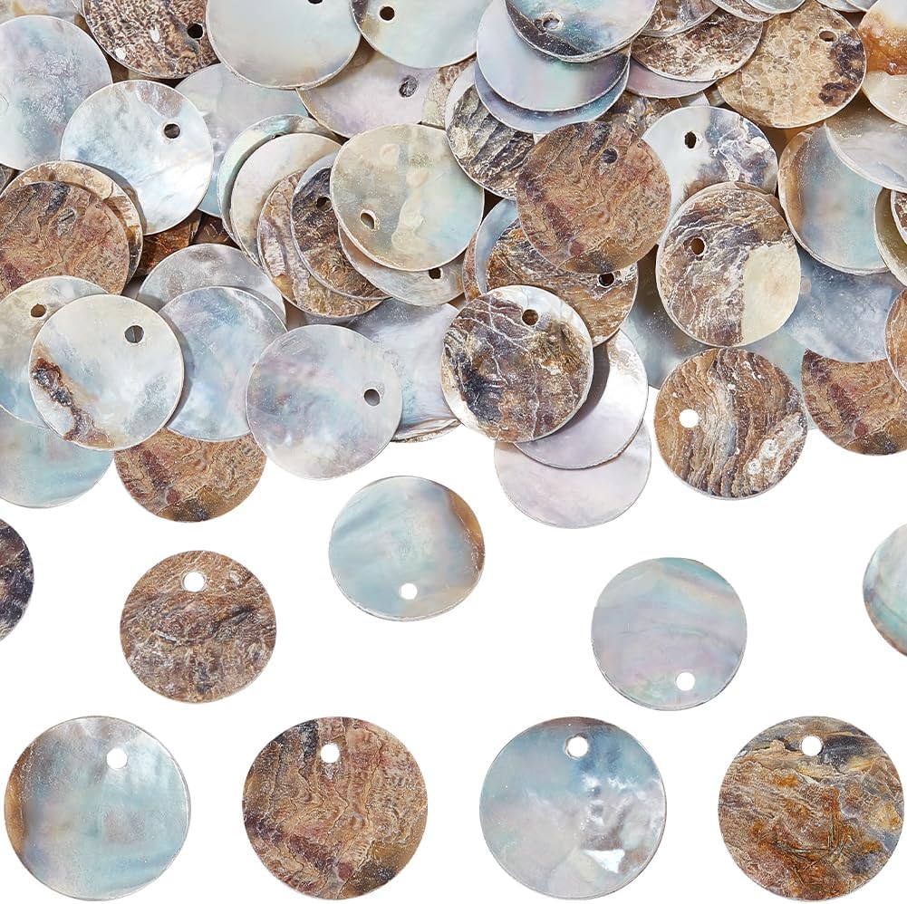 Beebeecraft 1 Box 140Pcs Sea Shell Charms 15mm Flat Round Shell Beads with Iridescent Back Disc Coin Ocean Natural Shell Charm Pendant for Jewelry Making Charms Earrings Necklaces DIY Craft Decoration