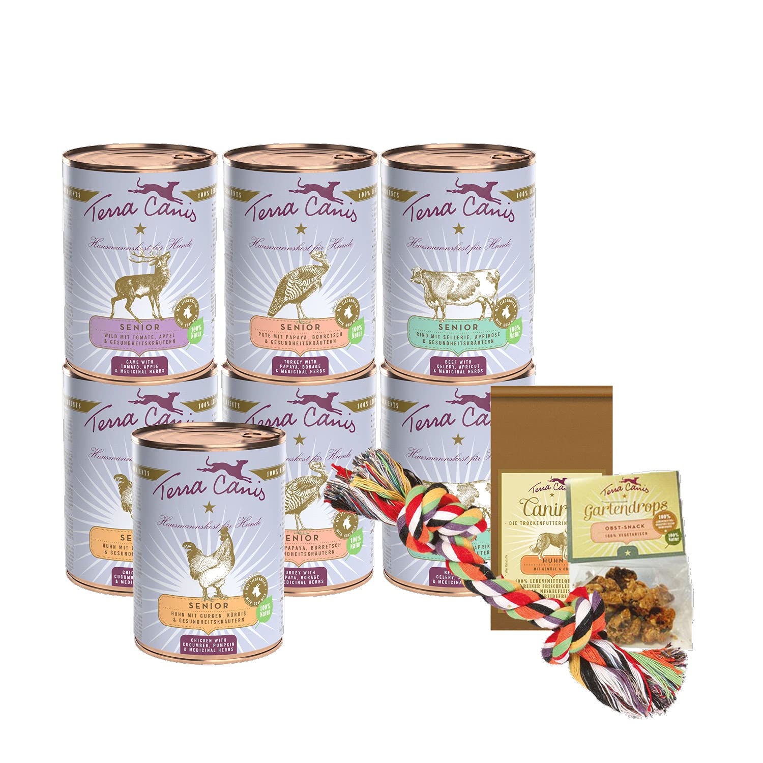 Terra Canis Pacchetto Senior – 7 Scatolette Da 400g + 50g Canireo + 12g Gocce Da Giardino – Cibo Umido Per Cani Anziani, 100% Materie Prime Alimentari