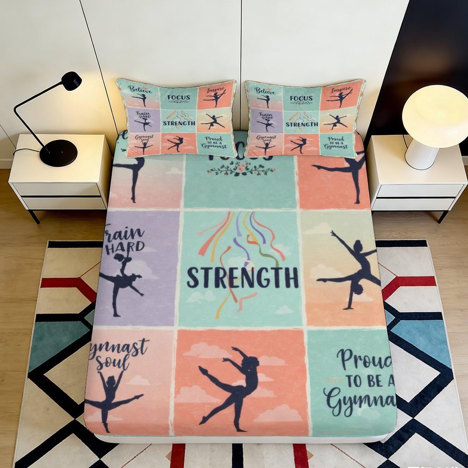 3D Printed Ballet Silhouette Fitted Sheet Microfiber Pastel Patchwork Mattress Cover for Bedroom Dorm Decorative 90x200x25cm