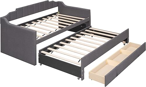 Miniatura 5 de Sofá cama tapizada de tamaño individual con nido y tres cajones para sofá cama gris y cama nido debajo de la cama gris