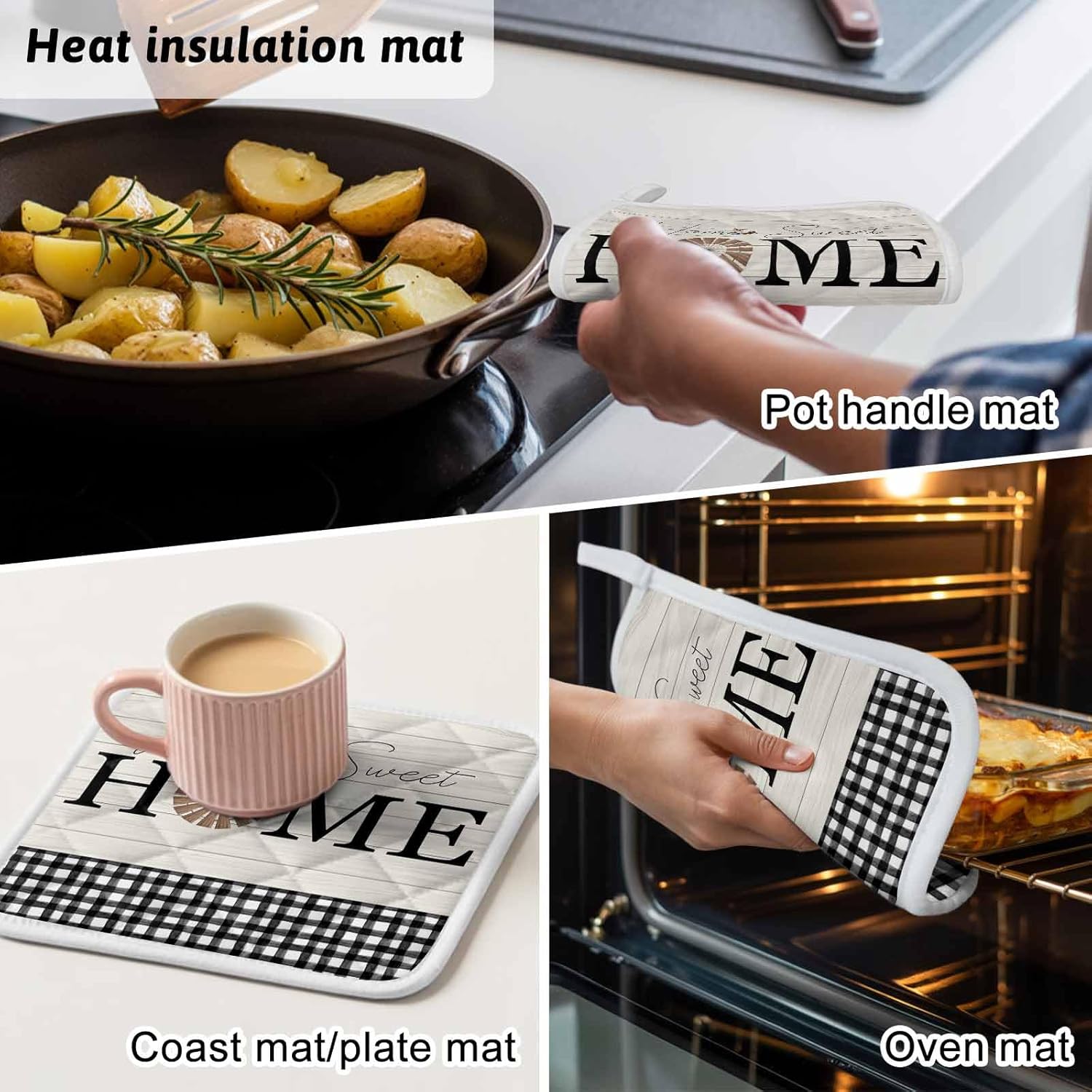 5 Pack Pot Holders for Kitchen, Home Windmill Black Plaid Hot Pads for Kitchen Countertops Oven Pot Holder Bulk, Beige Wooden Farmhouse Heat Insulation Potholders with Hanging Loops