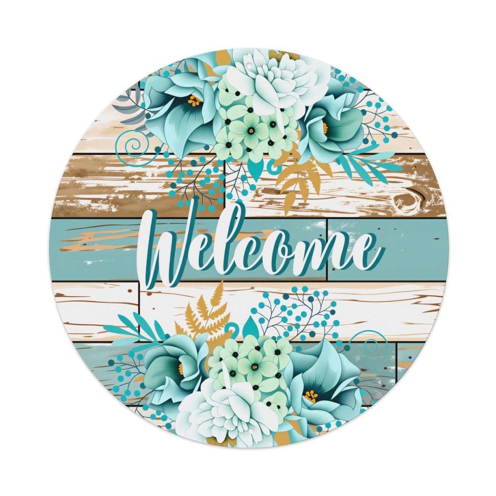 Floral Welcome Wooden Style Background Pattern Round Tin Sign Vintage Metal Poster Retro Bar, Home, Man Cave, Kitchen, Laundry Room Wall Art Decor Gift 8x8Inch