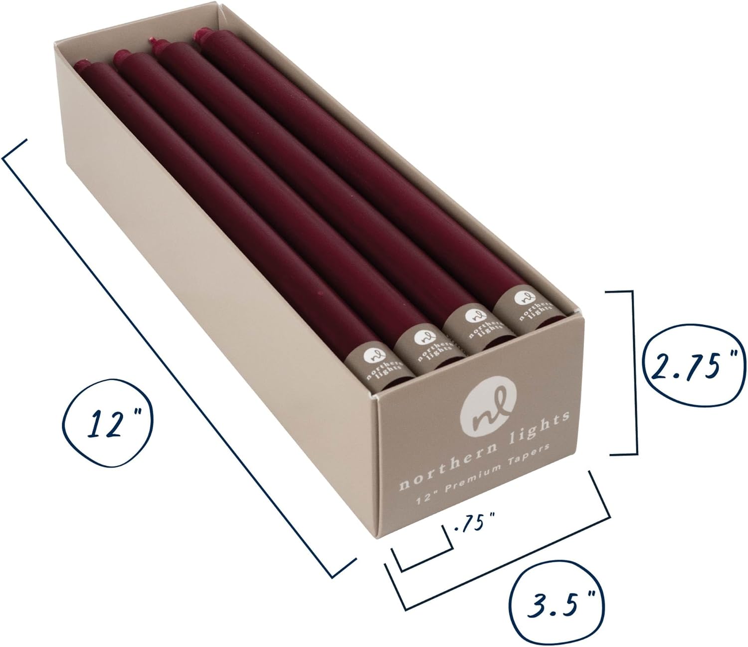 Northern Lights Candles Premium Tapers 12" 12PK - Bordeaux - 72793