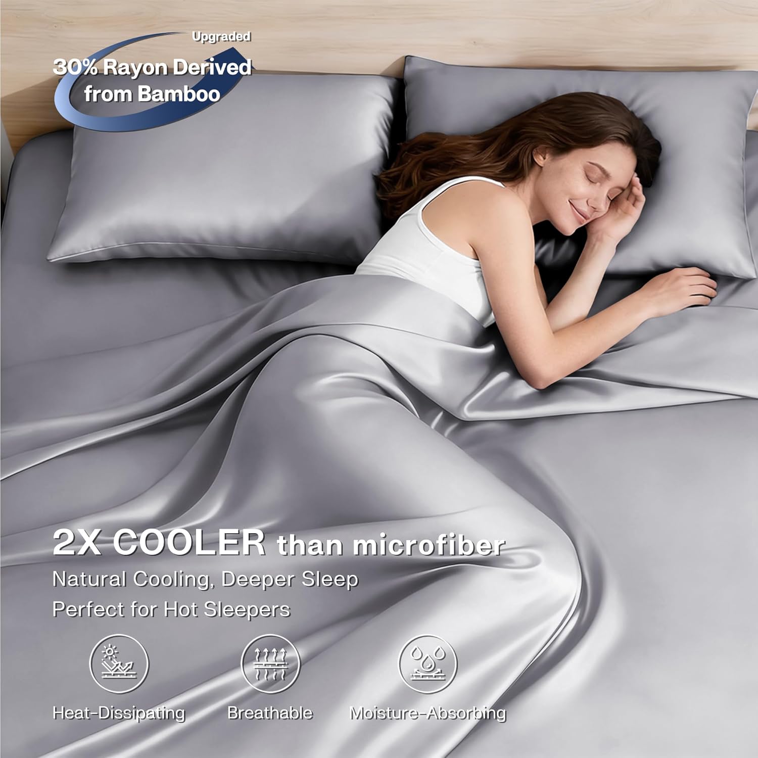 MR&HM Full Size Bed Sheets, 4-Piece Cooling Sheets, Rayon Derived from Bamboo & Polyester Blend, Soft & Silky, 15" Deep Pockets with Elastic Straps, Hotel Luxury for Hot Sleepers, Silver Grey