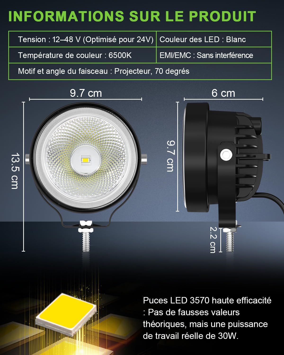 2 Pièces 60W Phares de Travail LED 4 Pouces Ronds, 12V 24V Longue Portée LED IP68 Étanche, Feux Auxiliaires pour Moto Tracteur, Engins de Construction, Camion, Excavatrice, Pulvérisateurs Agricoles