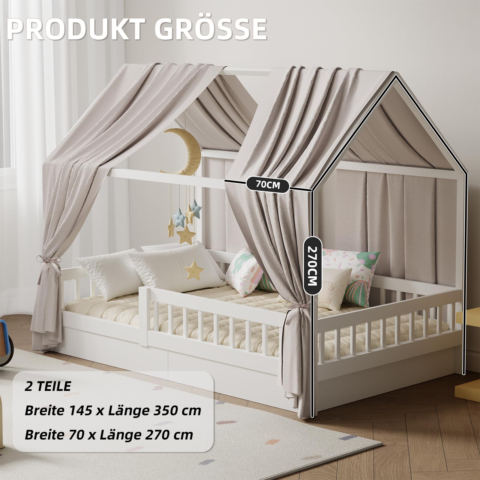 Hausbett Himmel in 5 Farben, 2er Set Betthimmel Hausbett aus weichem Baumwollstoff, Stoffhimmel für Hausbett Deko, Hausbett Vorhang Mädchen Jungen, Himmel für Hausbett 70x270 cm (Creme)