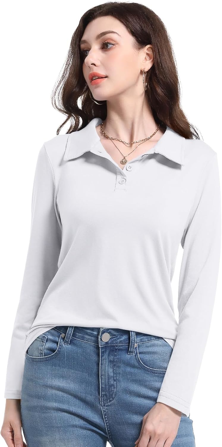 PGANDS Womens Collared Polo Shirts Long Sleeve V Neck Button Down Casual Athletic Tops Golf Sport Tee - Image 2