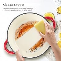 Vista 4 de Overmont Horno holandés de hierro fundido esmaltado de 5.5 cuartos de galón con tapa y libro de cocina, cacerola resistente con asas dobles