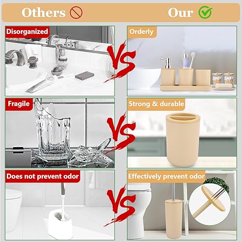 Miniatura 5 de SLDIYWOW Juego de accesorios de baño, 9 piezas de accesorios de baño beige con basura, bandeja, dispensador de jabón, soporte para cepillos de