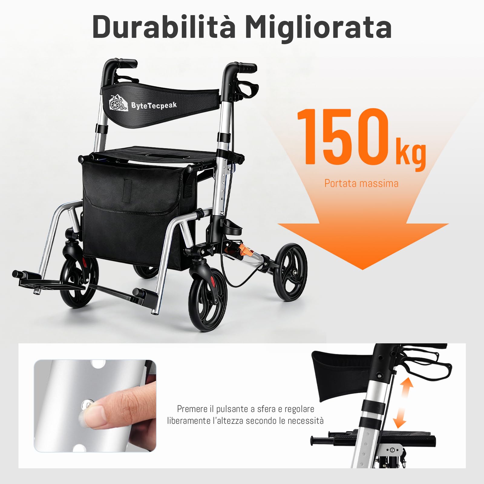 R3 Deambulatore leggero 2 in 1 e sedia a rotelle– Carrello pieghevole regolabile in altezza ed ergonomico, con funzione sedia a rotelle per interni ed esterni, con custodia (Argento)
